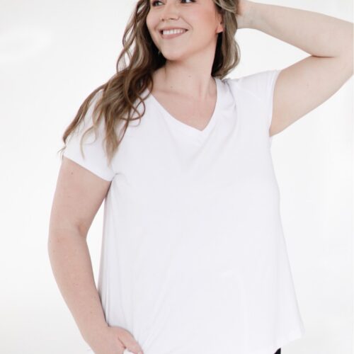 Oversize v neck t-shirt from cotton blend in white colour in full size