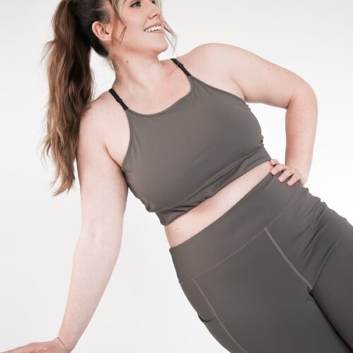 Plus size high performance sports bra in brown grey colour from the front